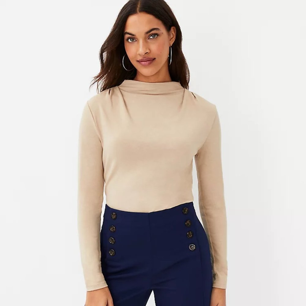 Ann Taylor Draped Mock Neck Top In Whiskey Cream